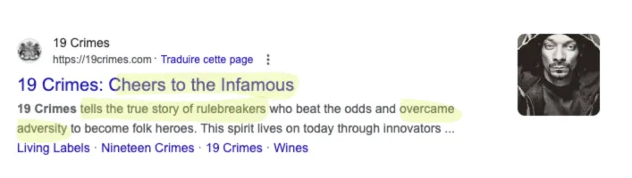 Résultat de recherche Google pour la marque 19 Crimes.