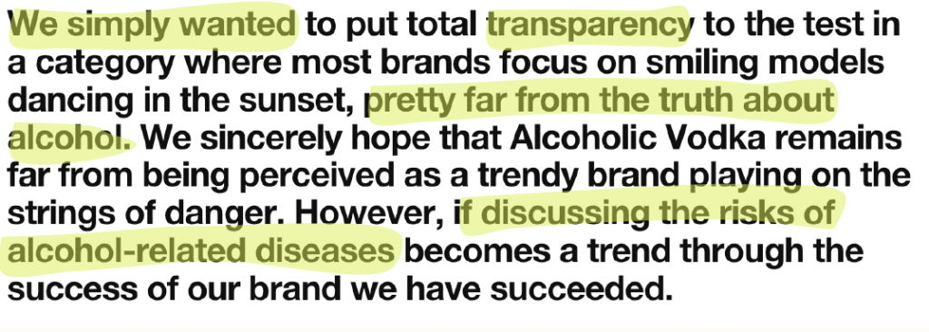 Manifeste sur la transparence de la marque Alcoholic Vodka sur les risque de la consommation de leur vodka.