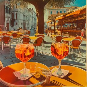 Terrasse d'un café avec deux verres de Spritz.