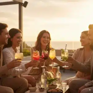 Groupe de personnes savourant un apéritif convivial avec des boissons sans alcool.