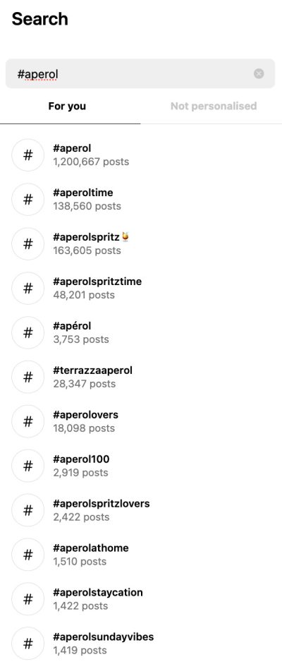 Recherche de hastags pour Apérol.